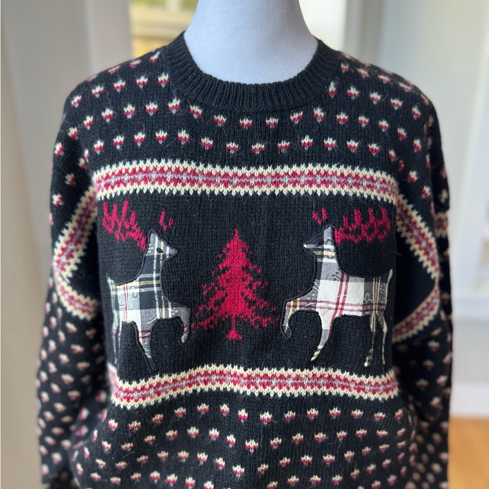 Vintage Susan Bristol Black Reindeer Plaid Wool Christmas Sweater Sz 38 Medium - Picture 2 of 11
